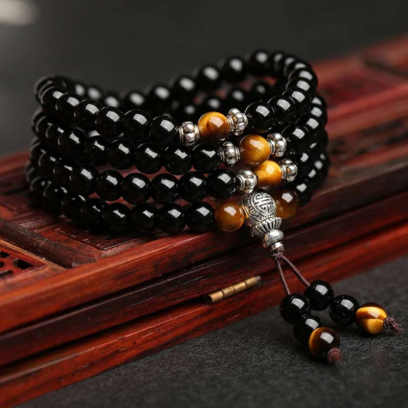 Fashionable Bracelets for Men with Custom Options-Buddha Stones Black Obsidian Tiger Eye Blessing Mala Bracelet Fashionable Bracelets for Men with Custom Options-Buddha Stones Black Obsidian Tiger Eye Blessing Mala Bracelet