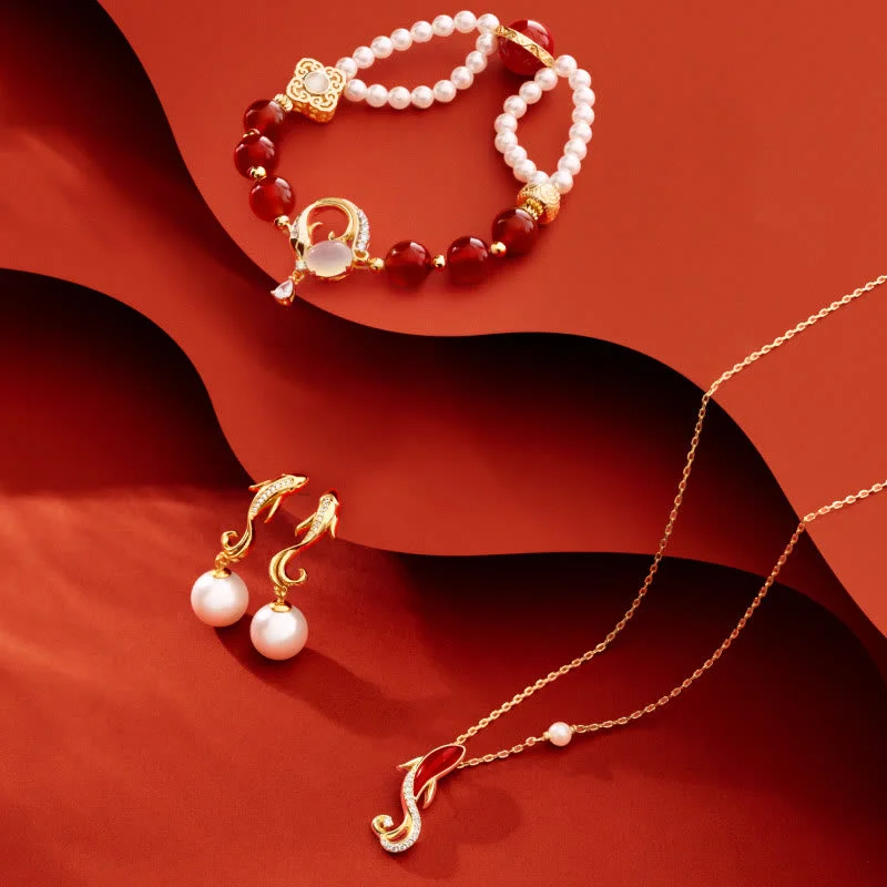 Women's Statement Bangles-Buddha Stones 18K Gold Plated Copper Natural Red Agate Pearl Koi Fish Confidence Bracelet Necklace Pendant Earrings Set Women's Statement Bangles-Buddha Stones 18K Gold Plated Copper Natural Red Agate Pearl Koi Fish Confidence Bracelet Necklace Pendant Earrings Set