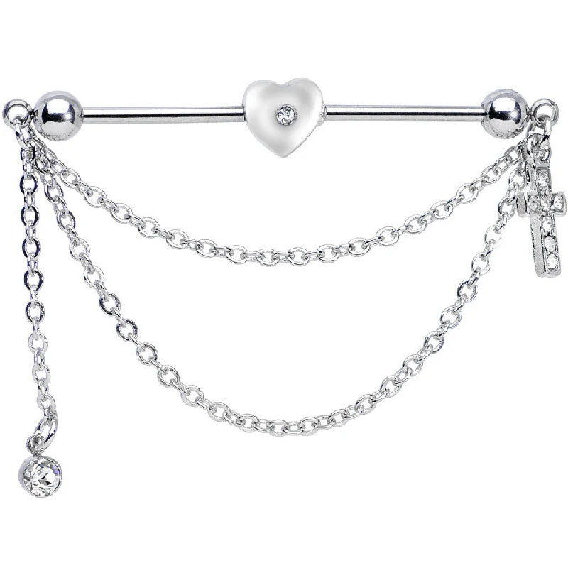 Women's Earrings – Elegant Designs for Every Personality--14 Gauge Clear Gem Love and Faith Heart Cross Industrial Barbell 38mm
