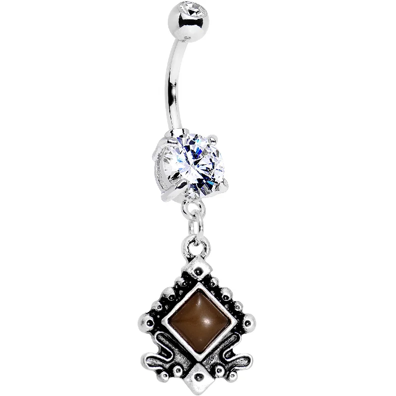 Comfortable Belly Rings for Exclusive Looks -Clear Gem Elegantly Etched Dangle Belly Ring