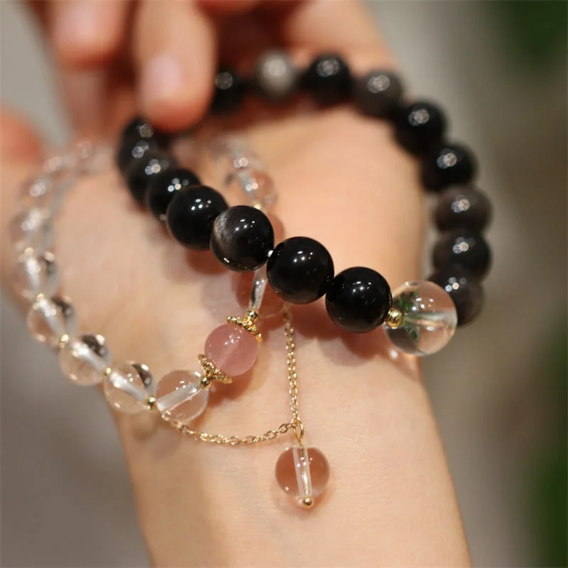 Traditional Indian Bangles for Women-Buddha Stones Natural Silver Sheen Obsidian Pink Crystal White Crystal Protection Yin Yang Color Couple Bracelet Traditional Indian Bangles for Women-Buddha Stones Natural Silver Sheen Obsidian Pink Crystal White Crystal Protection Yin Yang Color Couple Bracelet