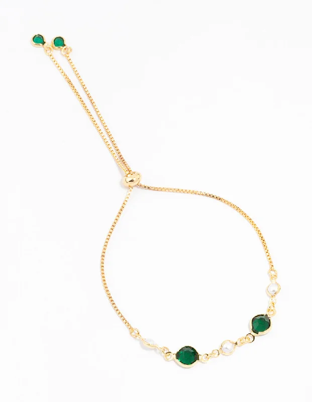Sterling Silver Bangles with Charms for Women-Gold Plated Cubic Zirconia Round Emerald & Pearl Toggle Bracelet