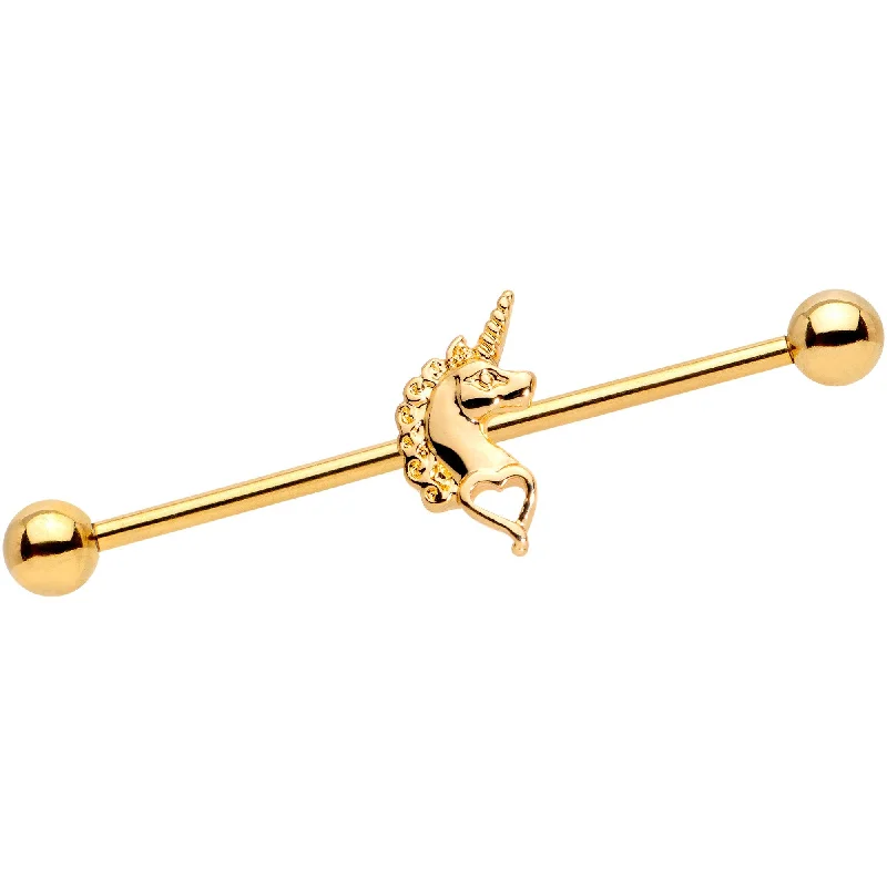 Women's Earrings – Elegant Designs for Every Personality--Unicorn Heart Charm Gold Anodized Straight Industrial Barbell 38mm