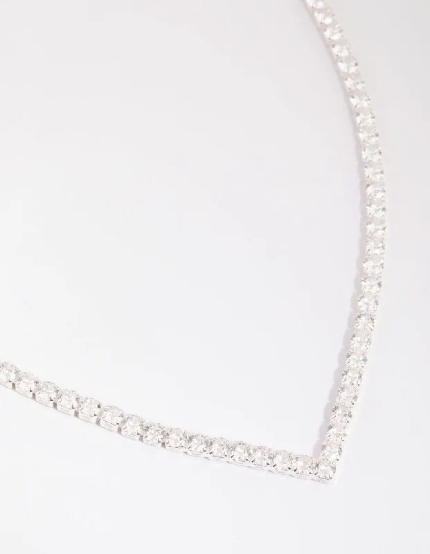Shop Classic Women's Necklaces & Pendants with a Modern Twist-Silver Cubic Zirconia Cupchain Point Tennis Necklace Shop Classic Women's Necklaces & Pendants with a Modern Twist-Silver Cubic Zirconia Cupchain Point Tennis Necklace