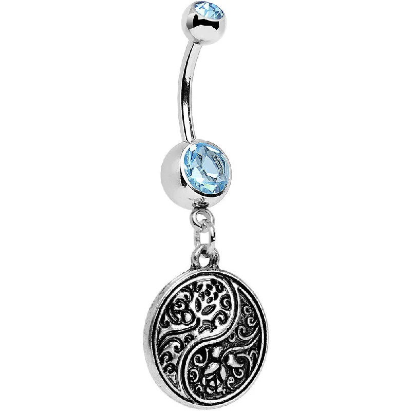 Belly Rings with Beautiful Crystal Details -Aqua Gem Floral Fantasy Yin Yang Disc Dangle Belly Ring Belly Rings with Beautiful Crystal Details -Aqua Gem Floral Fantasy Yin Yang Disc Dangle Belly Ring