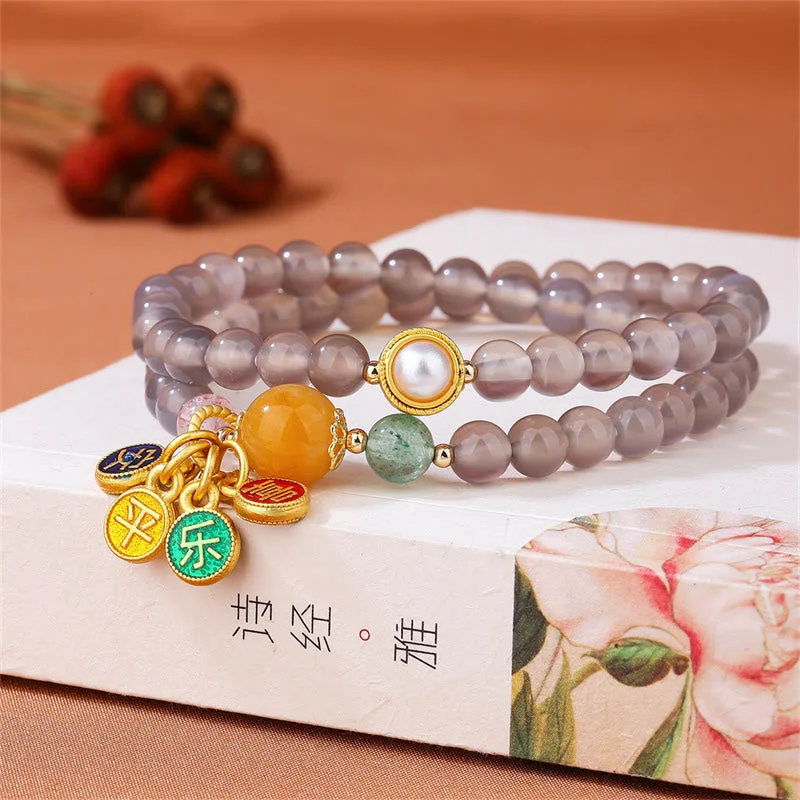 Women's Bangles with Sapphires-Buddha Stones Natural Gray Agate Peace And Joy Charm Balance Double Wrap Bracelet Women's Bangles with Sapphires-Buddha Stones Natural Gray Agate Peace And Joy Charm Balance Double Wrap Bracelet