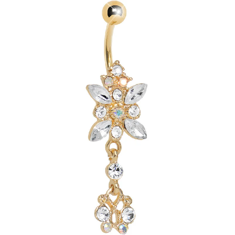 Beautiful Belly Rings with Unique Touch -Gold Plated Clear Gem Dazzling Dangle Chandelier Belly Ring Beautiful Belly Rings with Unique Touch -Gold Plated Clear Gem Dazzling Dangle Chandelier Belly Ring