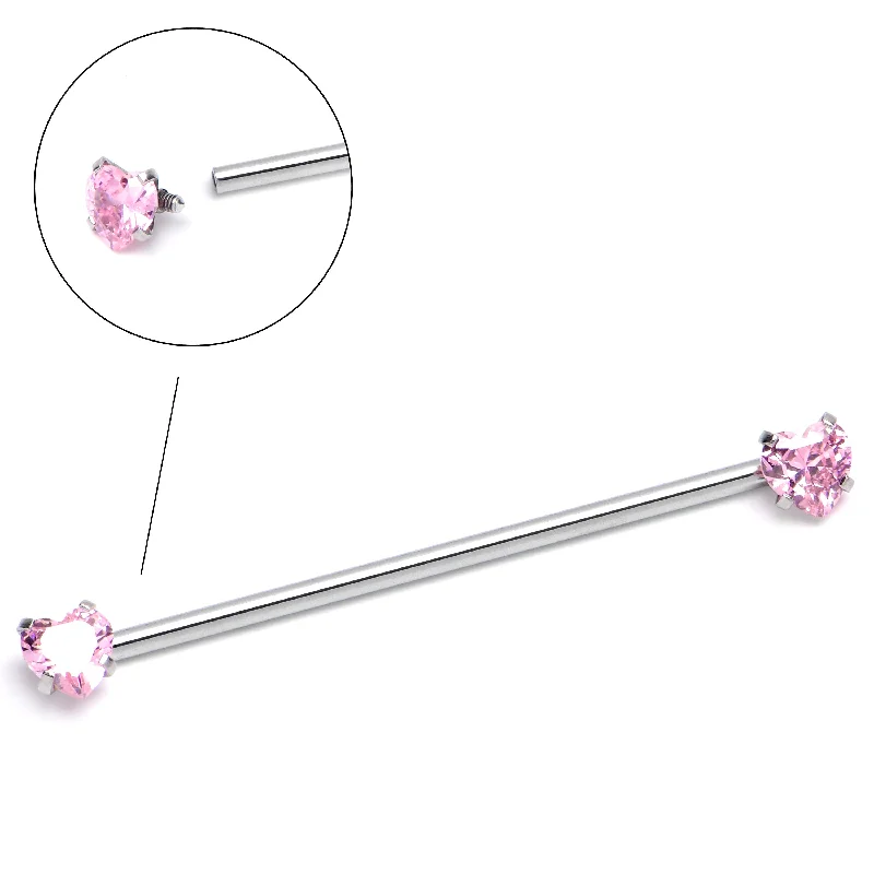 Women's Earrings – Elegant Designs for Every Personality--14 Gauge Pink CZ Gem Heart Internally Threaded Industrial Barbell 38mm