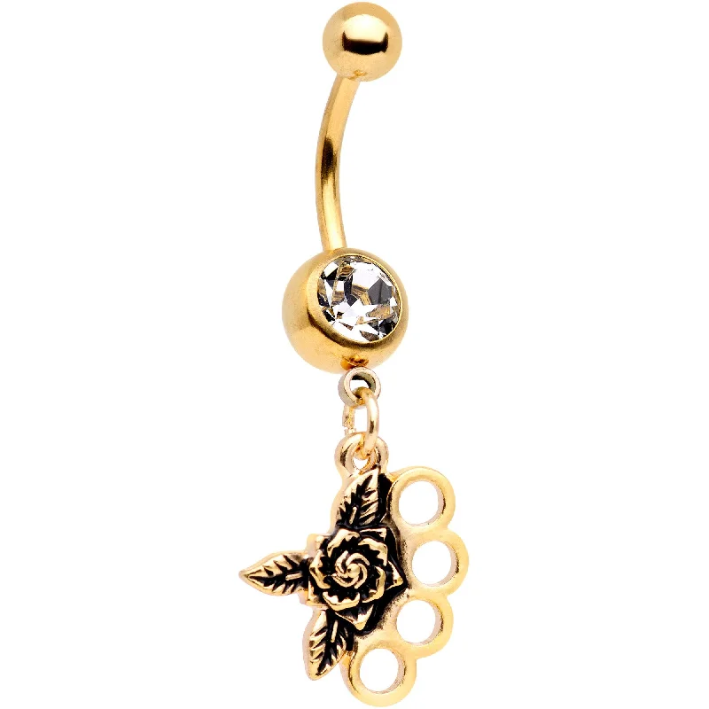 Sparkling Belly Rings with Radiant Stones -Clear CZ Gem Gold Plated Badass Brass Knuckles Dangle Belly Ring Sparkling Belly Rings with Radiant Stones -Clear CZ Gem Gold Plated Badass Brass Knuckles Dangle Belly Ring