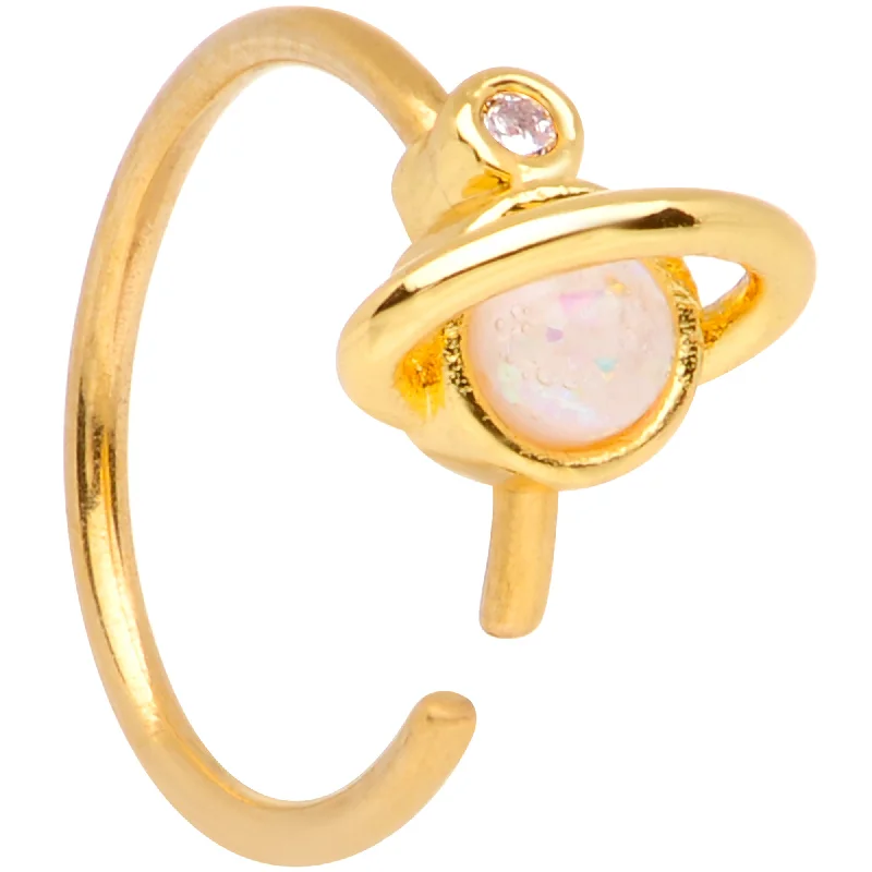 Trendy Nose Rings -20 Gauge 5/16 Clear Gem White Faux Opal Gold Tone Planet Nose Hoop Trendy Nose Rings -20 Gauge 5/16 Clear Gem White Faux Opal Gold Tone Planet Nose Hoop