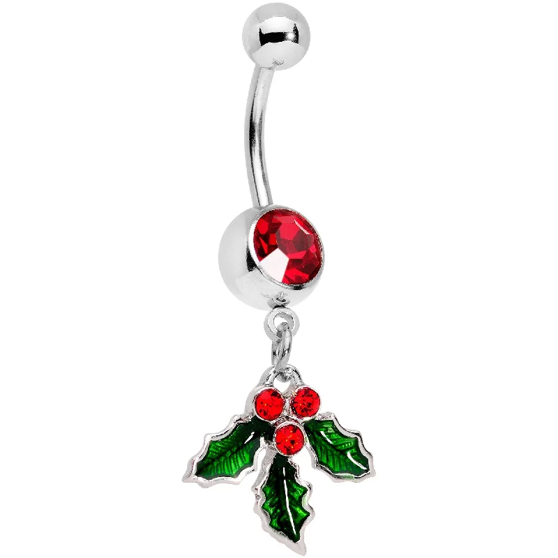 Comfortable Belly Rings with Elegant Detailing -Red Gem Holiday Hangout Holly Leaves Dangle Belly Ring Comfortable Belly Rings with Elegant Detailing -Red Gem Holiday Hangout Holly Leaves Dangle Belly Ring