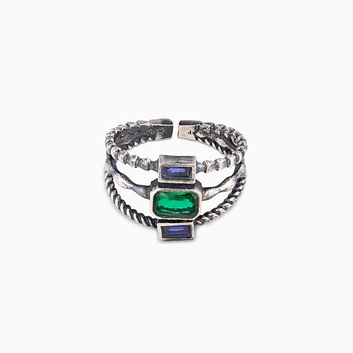 Chic Women's Rings for Fashion-Forward Looks-Oxidised Silver Trio Stone Ring