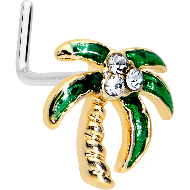 Elegant Silver Nose Rings -20 Gauge 1/4 Clear Gem Golden Palm Tree Style L Shape Nose Ring Elegant Silver Nose Rings -20 Gauge 1/4 Clear Gem Golden Palm Tree Style L Shape Nose Ring
