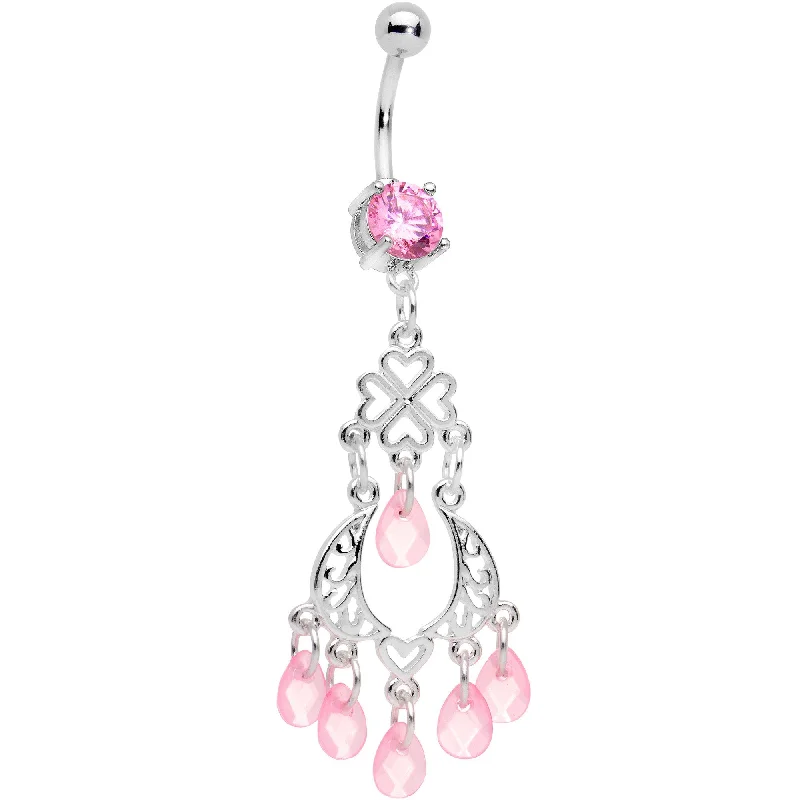 Belly Rings with Multicolored Stones -Pink Gem Clover Chandelier Dangle Belly Ring