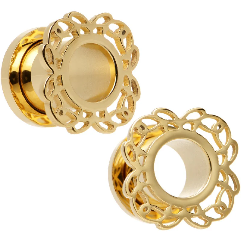 Women's Earrings – Elegant Designs for Every Personality--00 Gauge Gold PVD Filigree Flower Screw Fit Tunnel Plug Set Women's Earrings – Elegant Designs for Every Personality--00 Gauge Gold PVD Filigree Flower Screw Fit Tunnel Plug Set