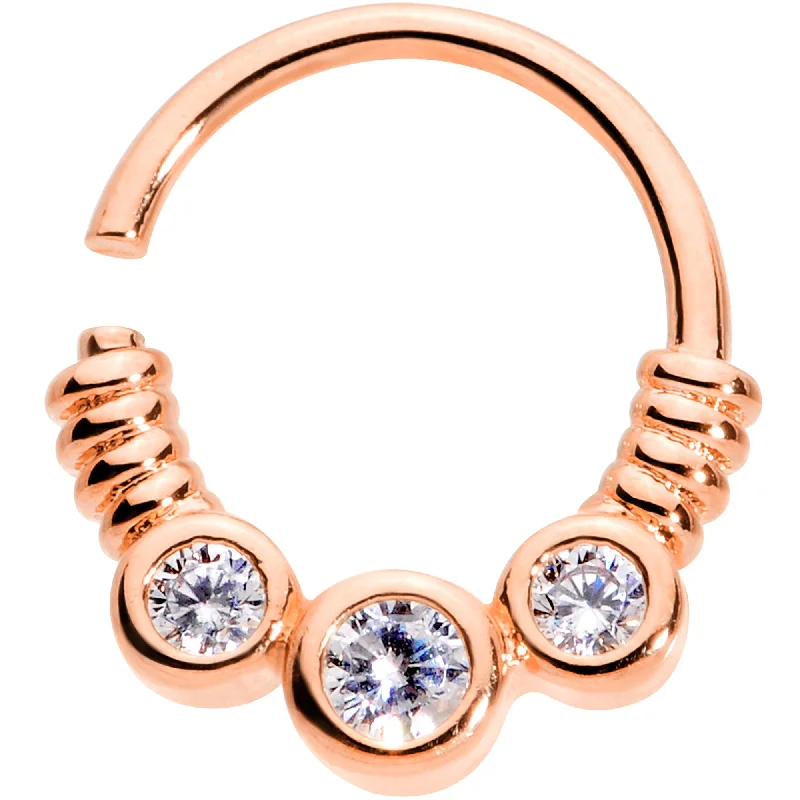 Designer Lip Rings with Sleek Finishes16 Gauge 3/8 Clear CZ Gem Trio Rose Gold Tone Coils Closure Ring Designer Lip Rings with Sleek Finishes16 Gauge 3/8 Clear CZ Gem Trio Rose Gold Tone Coils Closure Ring