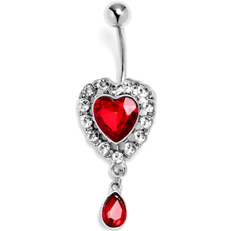 Trendy Belly Rings for Fashion Enthusiasts -Red Clear Gem Double Heart Drama Dangle Belly Ring Trendy Belly Rings for Fashion Enthusiasts -Red Clear Gem Double Heart Drama Dangle Belly Ring