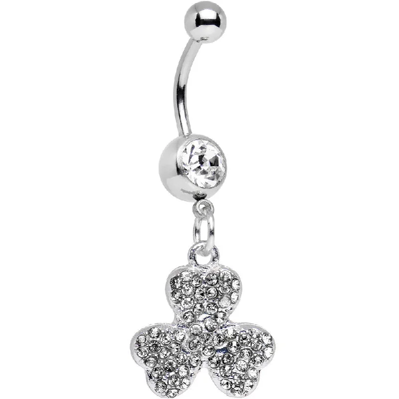 Comfortable Belly Rings for Active Lifestyles -Clear Gem Almost Lucky Three Leaf Clover Dangle Belly Ring Comfortable Belly Rings for Active Lifestyles -Clear Gem Almost Lucky Three Leaf Clover Dangle Belly Ring