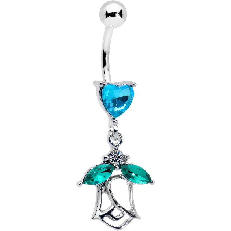 Designer Belly Rings for Unique Fashion -Blue CZ Gem Heart And Rose Dangle Belly Ring Designer Belly Rings for Unique Fashion -Blue CZ Gem Heart And Rose Dangle Belly Ring