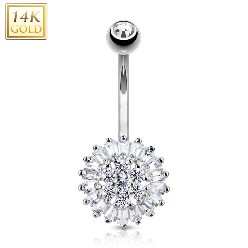 Belly Rings with Vibrant Gemstones for Glamorous Style -14kt Solid White Gold Cubic Zirconia Sunflower Belly Ring Belly Rings with Vibrant Gemstones for Glamorous Style -14kt Solid White Gold Cubic Zirconia Sunflower Belly Ring