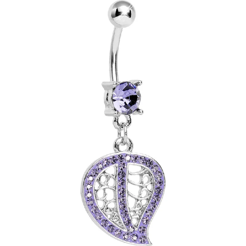 Designer Belly Rings with Stunning Detailing -Purple Gem Pave and Filigree Leaf Dangle Belly Ring Designer Belly Rings with Stunning Detailing -Purple Gem Pave and Filigree Leaf Dangle Belly Ring