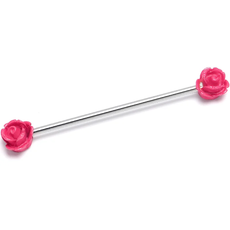 Women's Earrings – Elegant Designs for Every Personality--14 Gauge Open Bloom Rose Pink Industrial Barbell 38mm