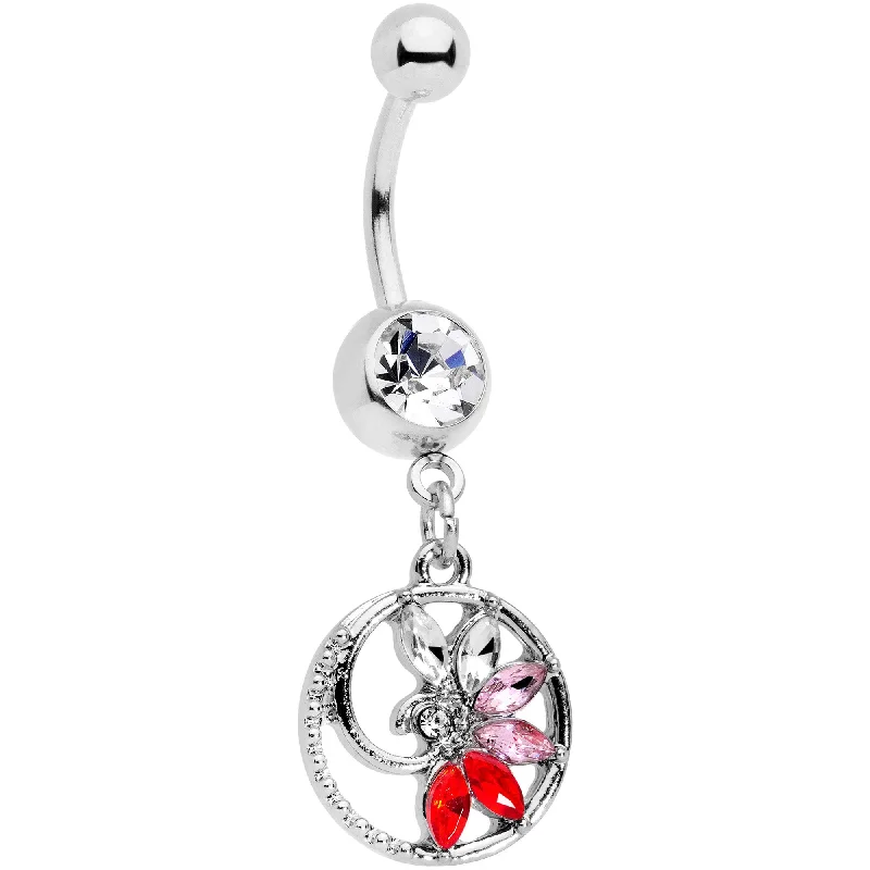 Comfortable Belly Rings for All-Day Comfort -Red Clear Gem Tropical Flower Swirl Dangle Belly Ring Comfortable Belly Rings for All-Day Comfort -Red Clear Gem Tropical Flower Swirl Dangle Belly Ring