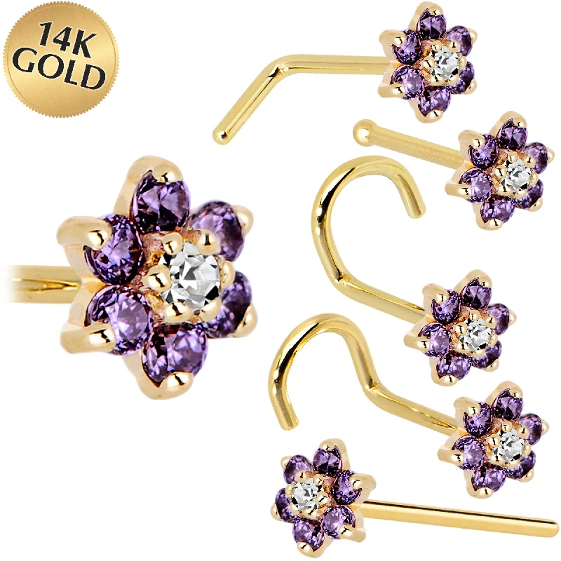 Bold Nose Rings for Stylish Impact -Solid 14KT Yellow Gold Amethyst and Clear Cubic Zirconia Flower Nose Ring