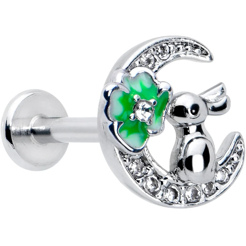 Lip Rings for Simple and Elegant Style16 Gauge 5/16 Clear CZ Gem Rabbit on Moon Green Internally Threaded Labret