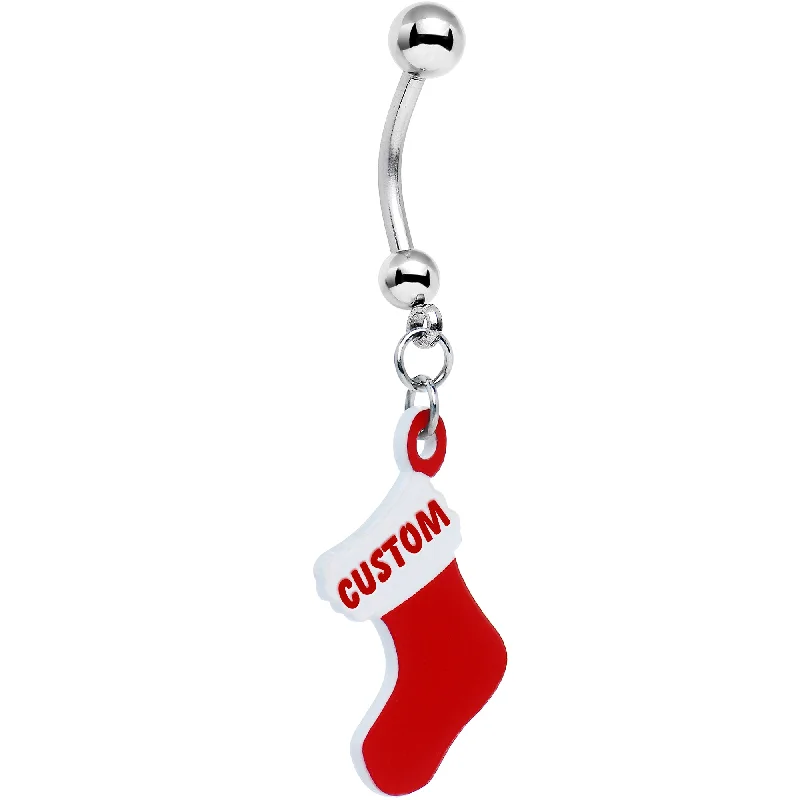 Designer Belly Rings with Artistic Appeal -Custom Red White Christmas Stocking Personalized Dangle Belly Ring Designer Belly Rings with Artistic Appeal -Custom Red White Christmas Stocking Personalized Dangle Belly Ring