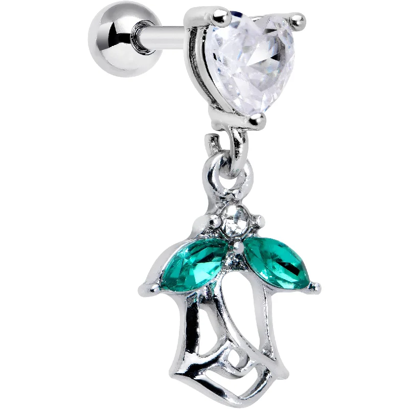Women's Earrings – Elegant Designs for Every Personality--16 Gauge 1/4 Clear CZ Gem Heart And Rose Dangle Cartilage Earring