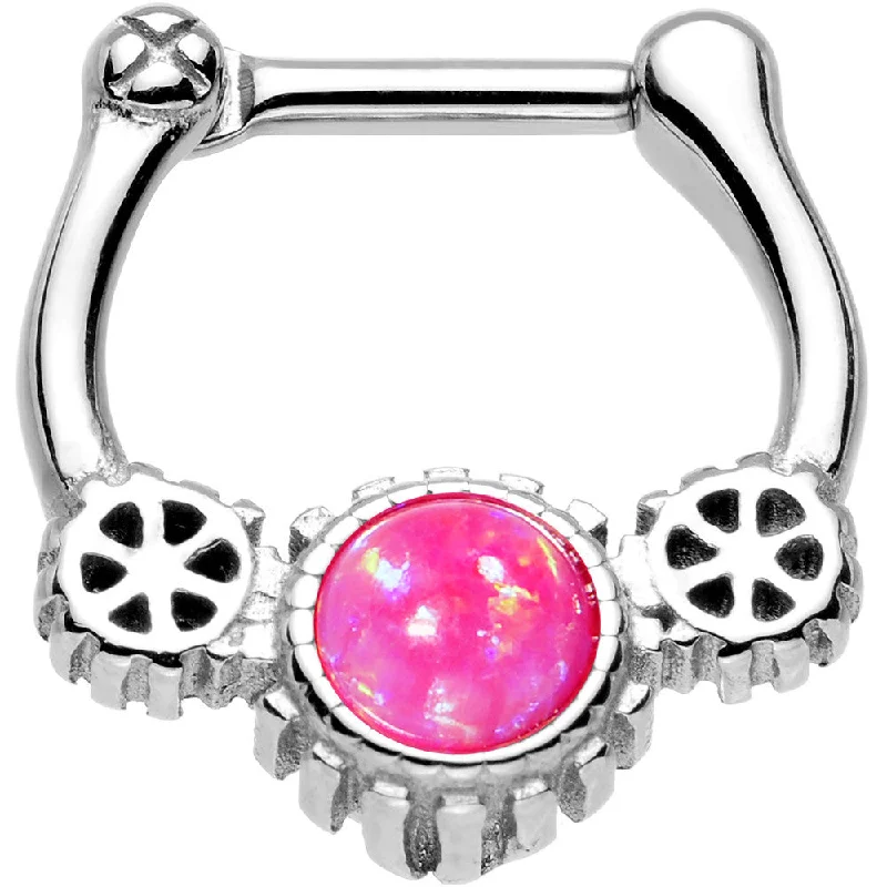 Comfortable Nose Rings for Everyday Wear -16 Gauge 1/4 Pink Synthetic Opal Steel Gear Edge Septum Clicker Comfortable Nose Rings for Everyday Wear -16 Gauge 1/4 Pink Synthetic Opal Steel Gear Edge Septum Clicker