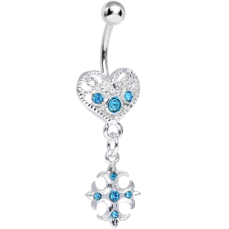 Trendy Belly Rings for Bold Looks -Aqua Gem Heart with Gothic Cross Dangle Belly Ring Trendy Belly Rings for Bold Looks -Aqua Gem Heart with Gothic Cross Dangle Belly Ring