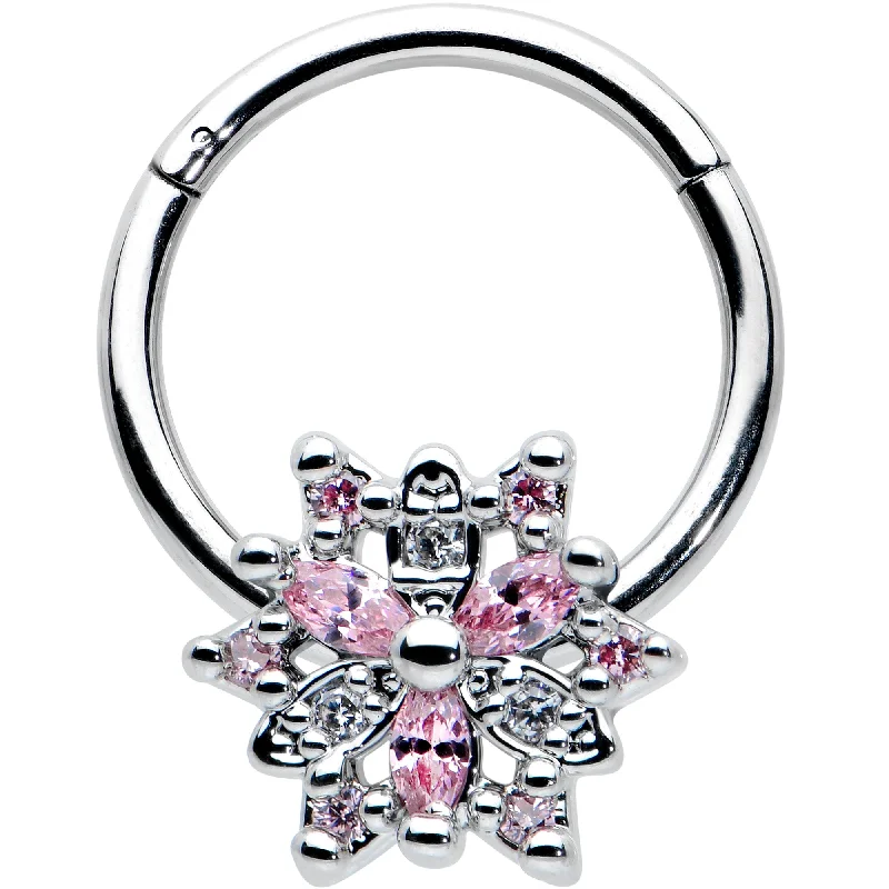 Women's Earrings – Elegant Designs for Every Personality--16 Gauge 3/8 Clear Pink CZ Gem Snowflake Hinged Circular Ring Women's Earrings – Elegant Designs for Every Personality--16 Gauge 3/8 Clear Pink CZ Gem Snowflake Hinged Circular Ring