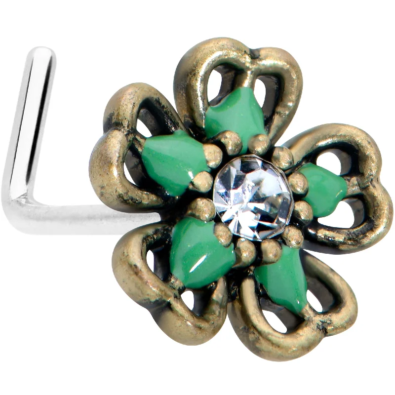 Trendy and Comfortable Nose Rings for Every Day -20 Gauge 7.5mm Gold Tone Green Flower St Patrick Day L Shape Nose Ring Trendy and Comfortable Nose Rings for Every Day -20 Gauge 7.5mm Gold Tone Green Flower St Patrick Day L Shape Nose Ring