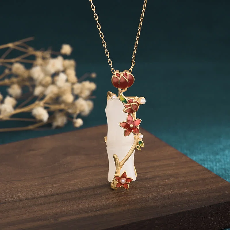 Shop Classic Women's  Necklaces & Pendants with a Modern Twist-Buddha Stones White Jade Bamboo Lotus Flowers Luck Protection Necklace Pendant