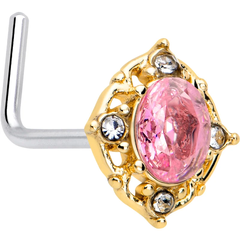 Elegant Silver Nose Rings -20 Gauge 7mm Pink Tourmaline Golden Wondrous Glamour L Shape Nose Ring Elegant Silver Nose Rings -20 Gauge 7mm Pink Tourmaline Golden Wondrous Glamour L Shape Nose Ring