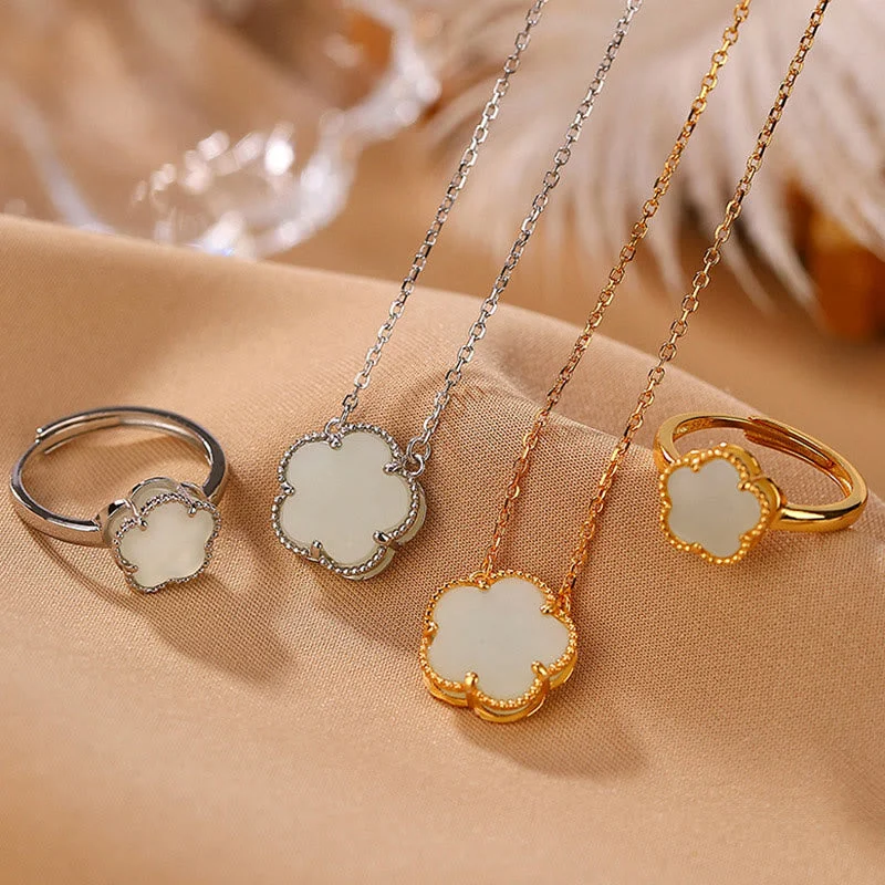 Shop Classic Women's Necklaces & Pendants with a Modern Twist-Buddha Stones 925 Sterling Silver Plated Gold Natural Hetian Jade Flower Luck Necklace Pendant Ring Set Shop Classic Women's Necklaces & Pendants with a Modern Twist-Buddha Stones 925 Sterling Silver Plated Gold Natural Hetian Jade Flower Luck Necklace Pendant Ring Set