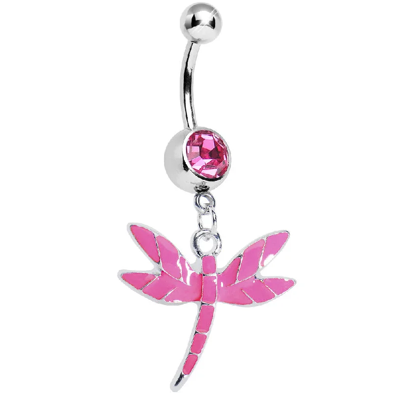 Comfortable Belly Rings with Simple Design -Pink Gem Enamel Dragonfly Belly Ring
