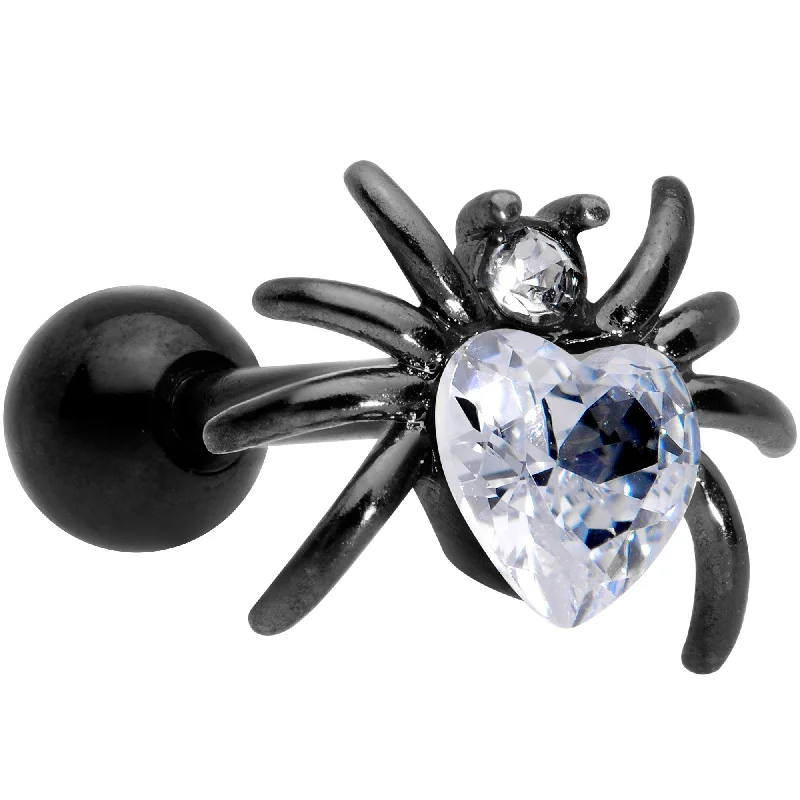 Women's Earrings – Elegant Designs for Every Personality--16 Gauge 1/4 Clear Gem Black Heart Spider Cartilage Tragus