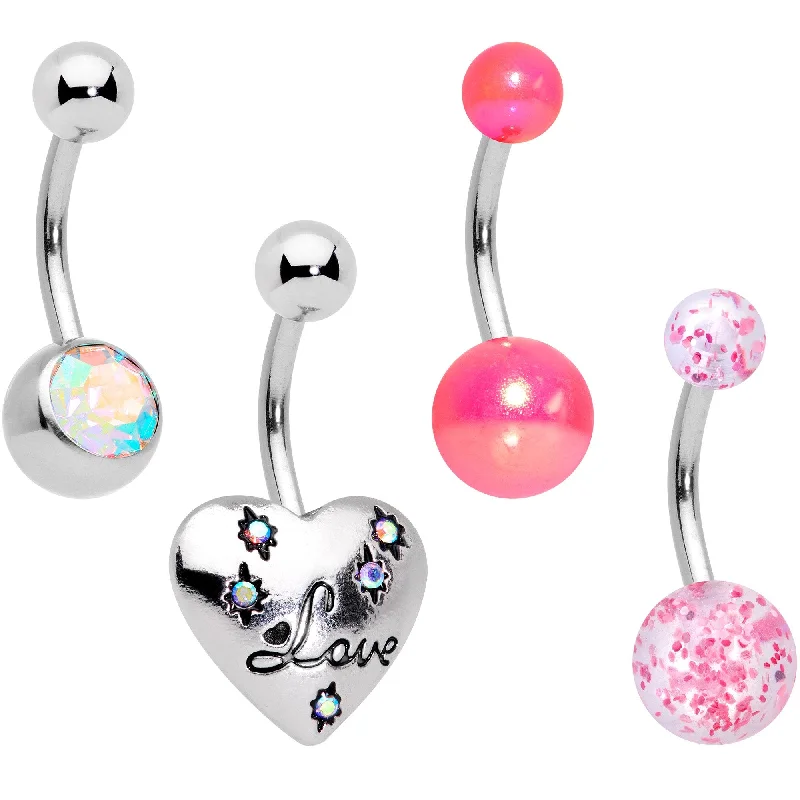Belly Rings with Designer Finish for Exclusive Looks -Aurora Gem Pink Pearlescent Glitter Heart Belly Ring Set of 4 Belly Rings with Designer Finish for Exclusive Looks -Aurora Gem Pink Pearlescent Glitter Heart Belly Ring Set of 4