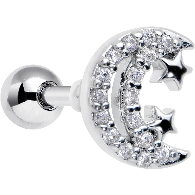 Women's Earrings – Elegant Designs for Every Personality--16 Gauge 1/4 Clear CZ Gem Starry Crescent Moon Cartilage Tragus Earring