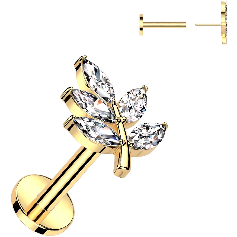 Women's Earrings – Elegant Designs for Every Personality--Gold Tone Surgical Steel Flat Back Earring - 16 Gauge With Cubic Zirconia Leaves
