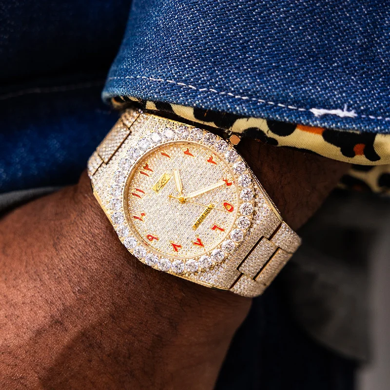 Elegant Beaded Bracelets for Men with Charm-42MM Fully Iced Arabic Dial Alpha Era® in Gold