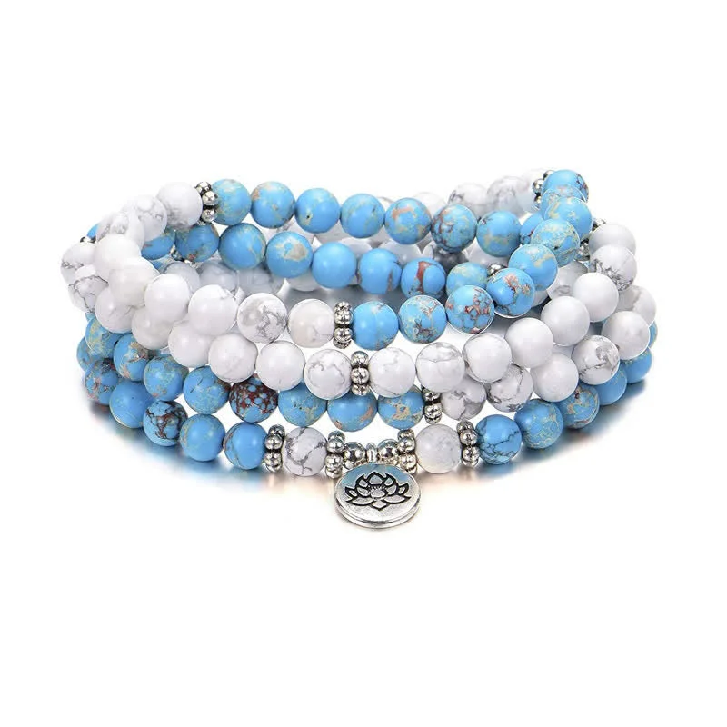 Cool Men's Beaded Cuff Bracelets-108 Mala Beads White Turquoise Emperor Stone Lotus Blessing Bracelet Cool Men's Beaded Cuff Bracelets-108 Mala Beads White Turquoise Emperor Stone Lotus Blessing Bracelet
