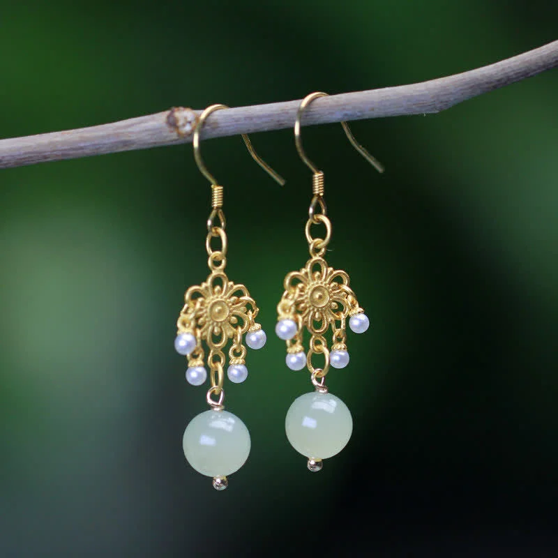Women's Earrings – Elegant Designs for Every Personality--Buddha Stones Hetian Jade Flower Pattern 14K Gold Plated Luck Drop Dangle Earrings