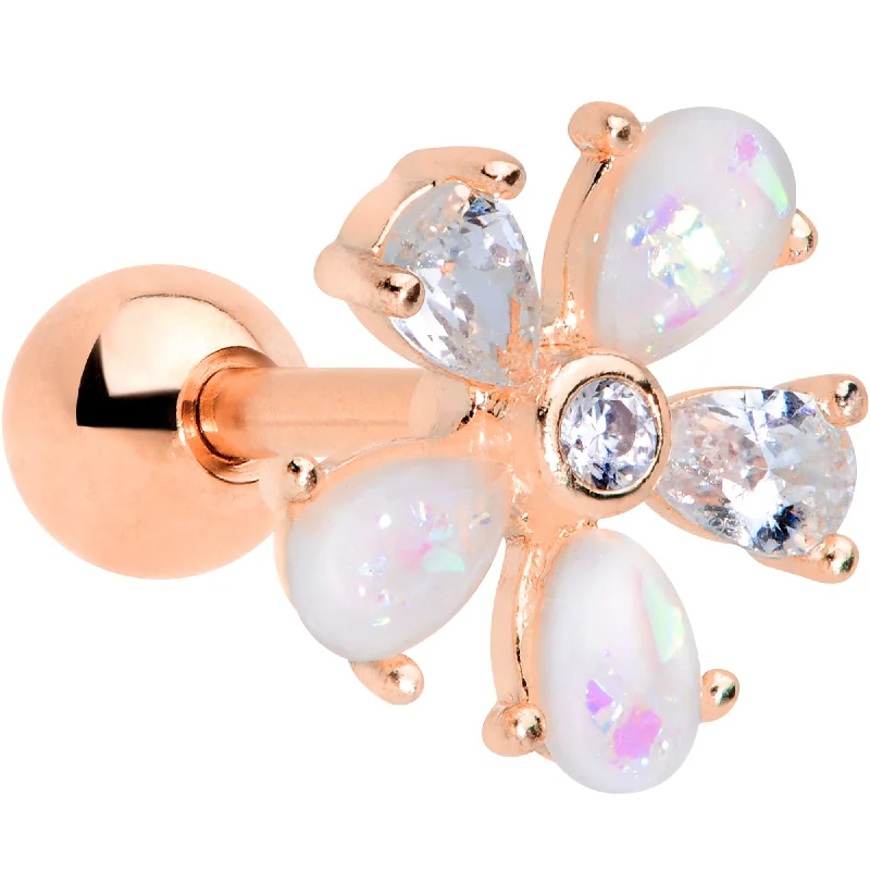 Women's Earrings – Elegant Designs for Every Personality--16 Gauge 1/4 White Faux Opal Rose Gold Tone Flower Cartilage Tragus
