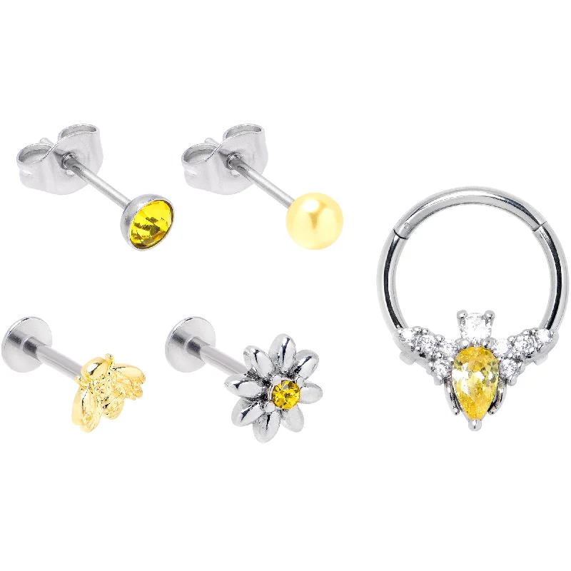 Affordable Lip Rings with Classy Designs16 Gauge Yellow Gem Bee Flower Labret Segment Ring Ear Curation Set of 5 Affordable Lip Rings with Classy Designs16 Gauge Yellow Gem Bee Flower Labret Segment Ring Ear Curation Set of 5