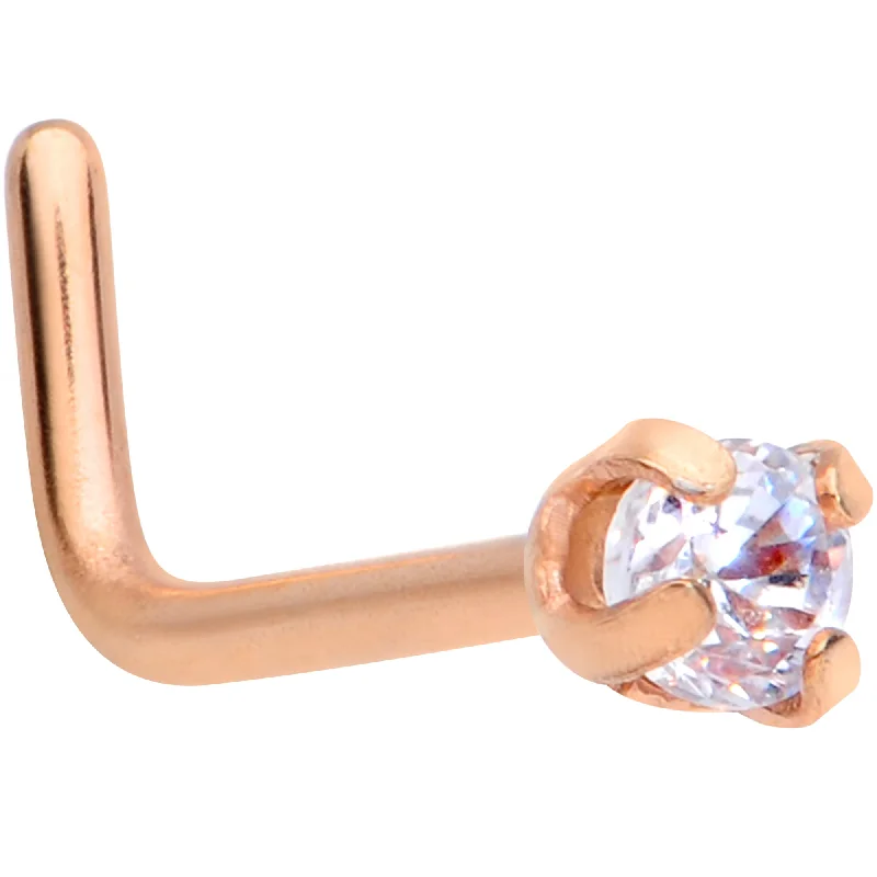 Nose Rings with Round Designs -20 Gauge 1/4 Clear 2mm CZ Gem Rose Gold Tone L Shaped Nose Ring Nose Rings with Round Designs -20 Gauge 1/4 Clear 2mm CZ Gem Rose Gold Tone L Shaped Nose Ring