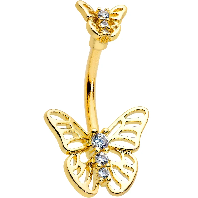 Stylish Belly Rings for Modern Women -Clear CZ Gem Gold Tone Open Butterfly Double Mount Belly Ring Stylish Belly Rings for Modern Women -Clear CZ Gem Gold Tone Open Butterfly Double Mount Belly Ring